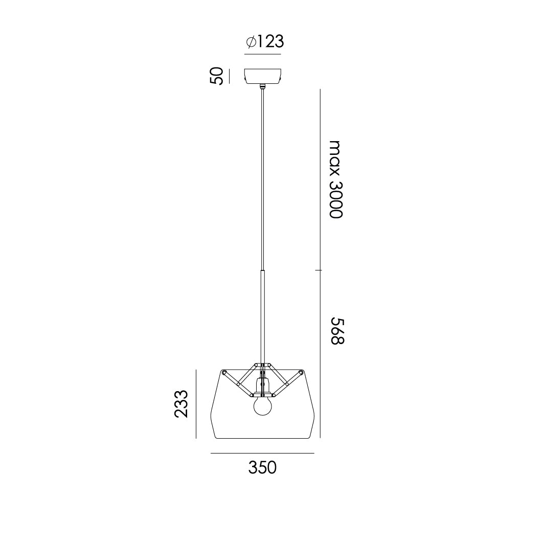 Overzicht van de maatvoering van de Tonone Atlas hanglamp D350.
