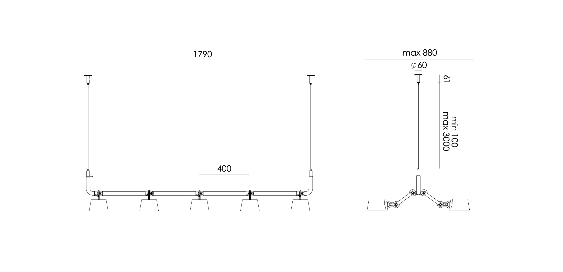 Overzicht van de maatvoering van de Tonone Bolt 10-Pack Pendant hanglamp.