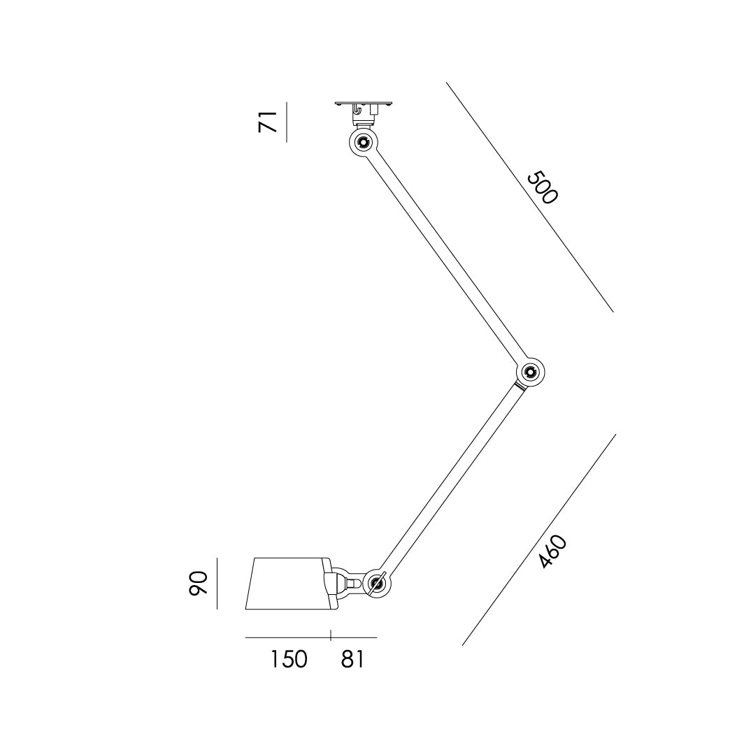 Overzicht van de maatvoering van de Tonone Bolt Ceiling 2 arm Sidefit plafondlamp.