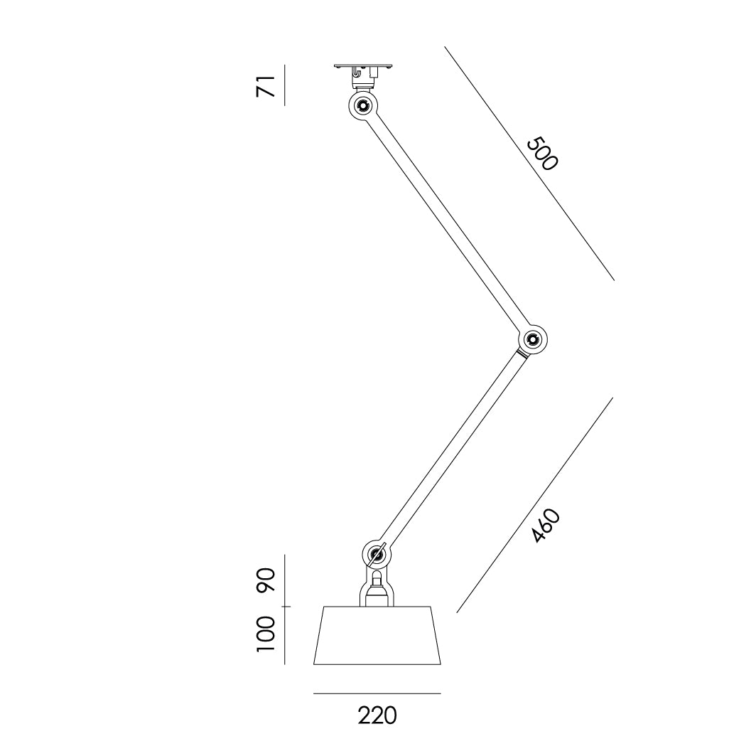Overzicht van de maatvoering van de Tonone Bolt Ceiling 2 arm Underfit plafondlamp.