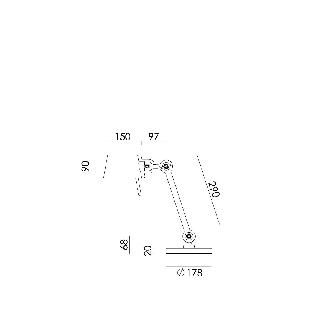 Overzicht van de maatvoering van de Tonone Bolt Desk 1 arm foot small bureaulamp.