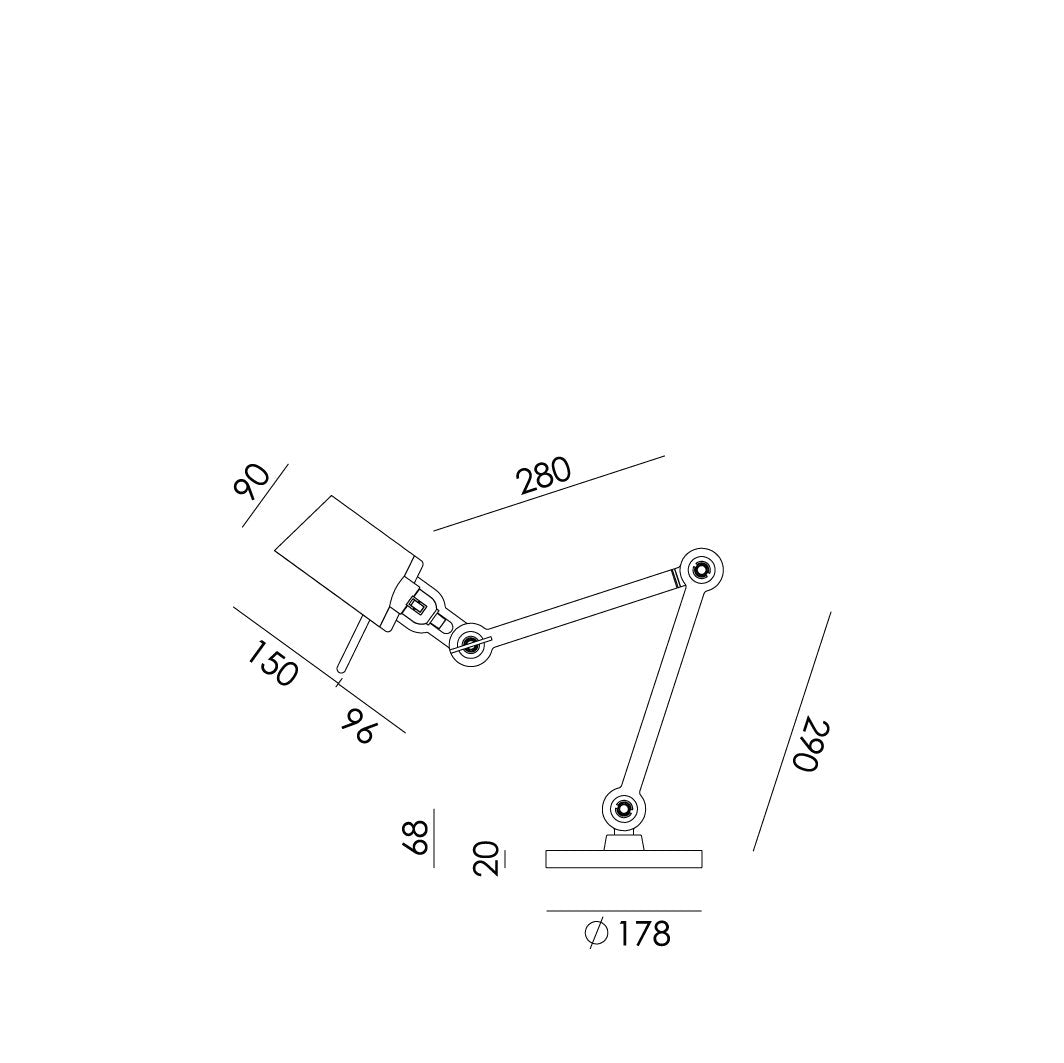 Overzicht van de maatvoering van de Tonone Bolt Desk 2 arm foot small bureaulamp.