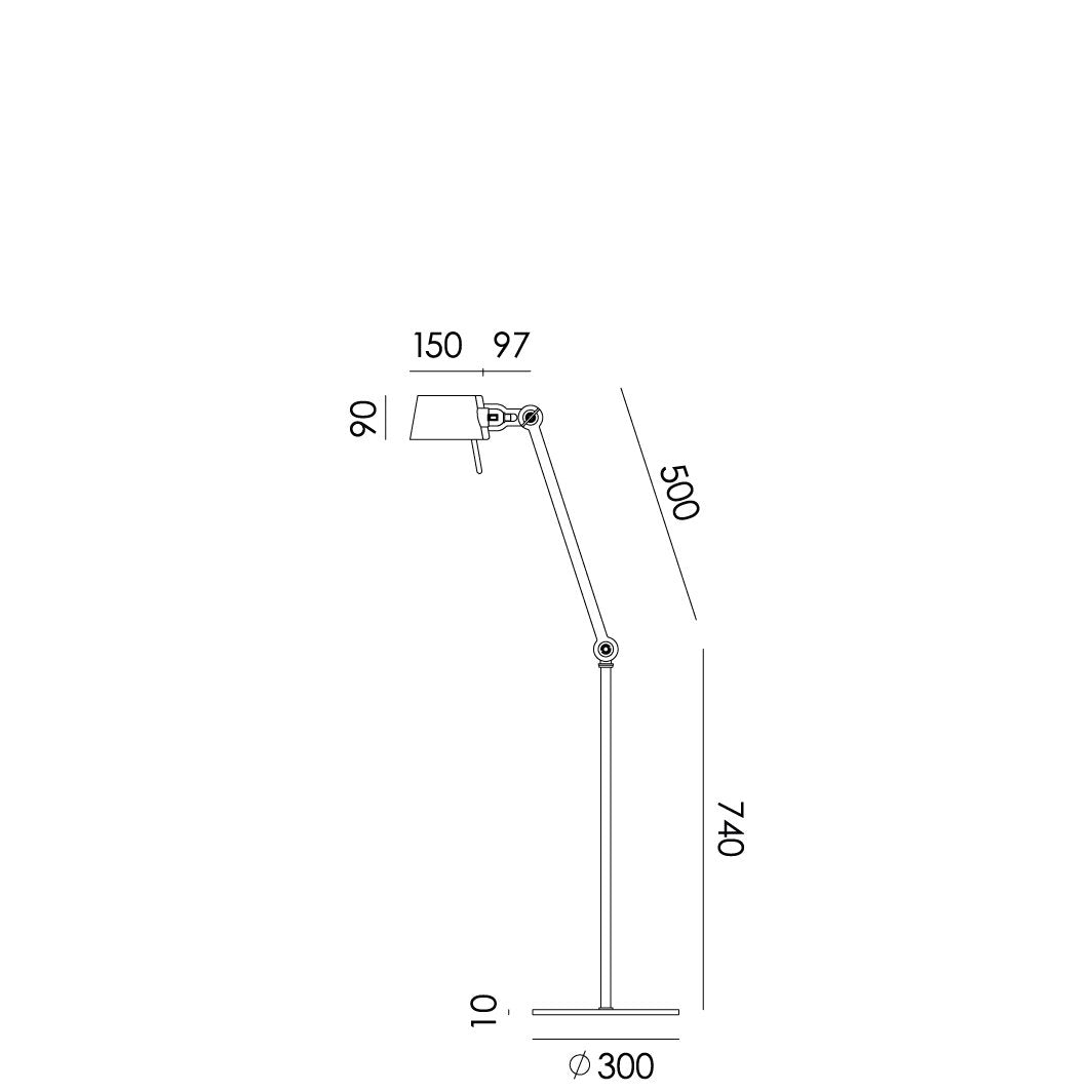 Overzicht van de maatvoering van de Tonone Bolt Floor 1 arm vloerlamp