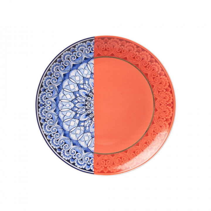 Heinen Delfts Blauw wandbord mandala in het koraalrood.