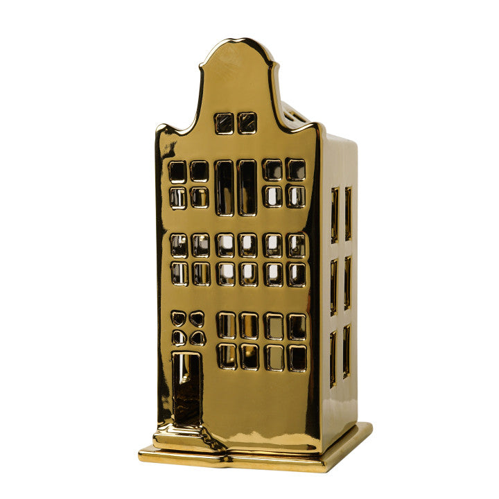 Heinen Delfts Blauw waxinelichthouder huis klokgevel goud.