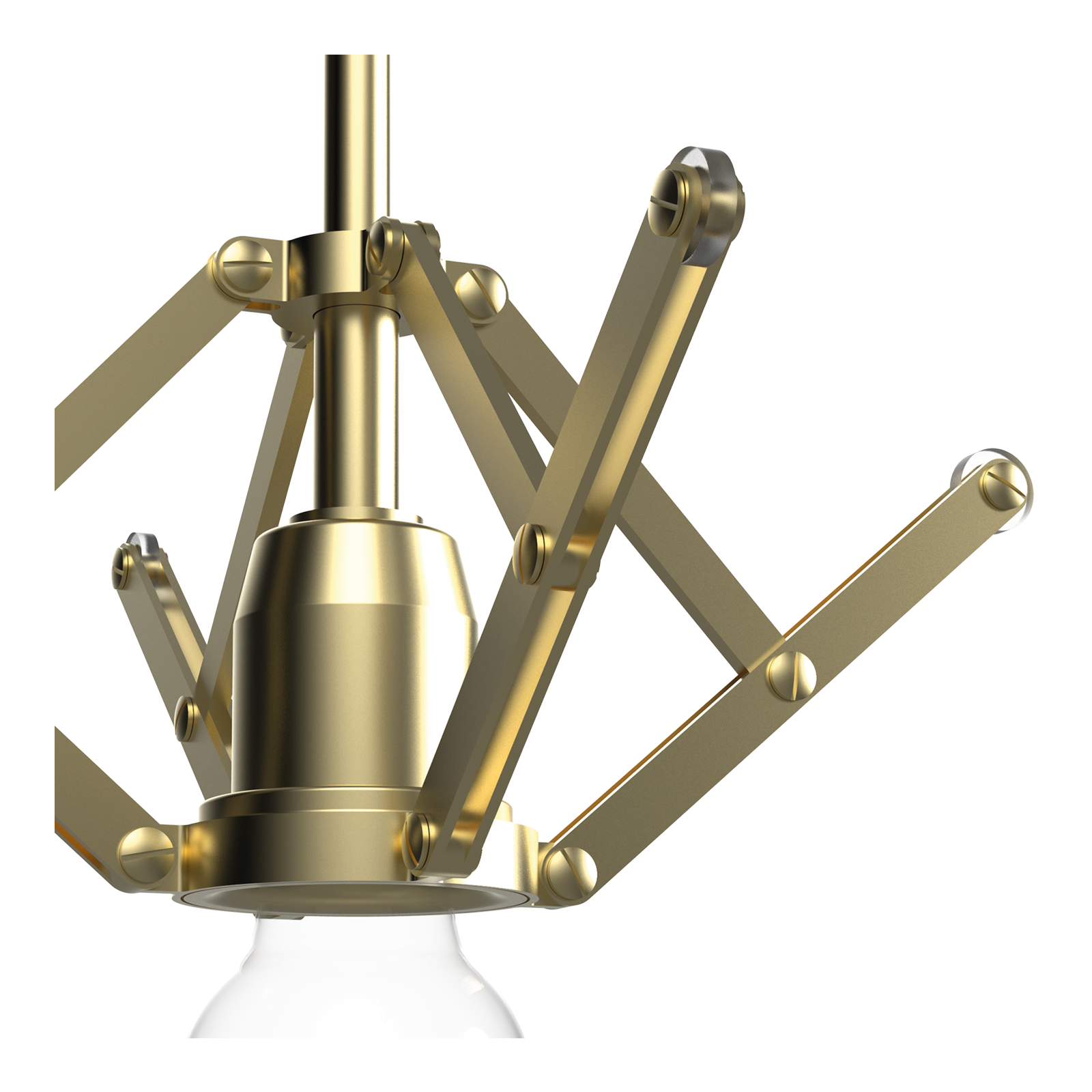 Close-up van het scharniermechanisme van de Tonone Atlas hanglamp.