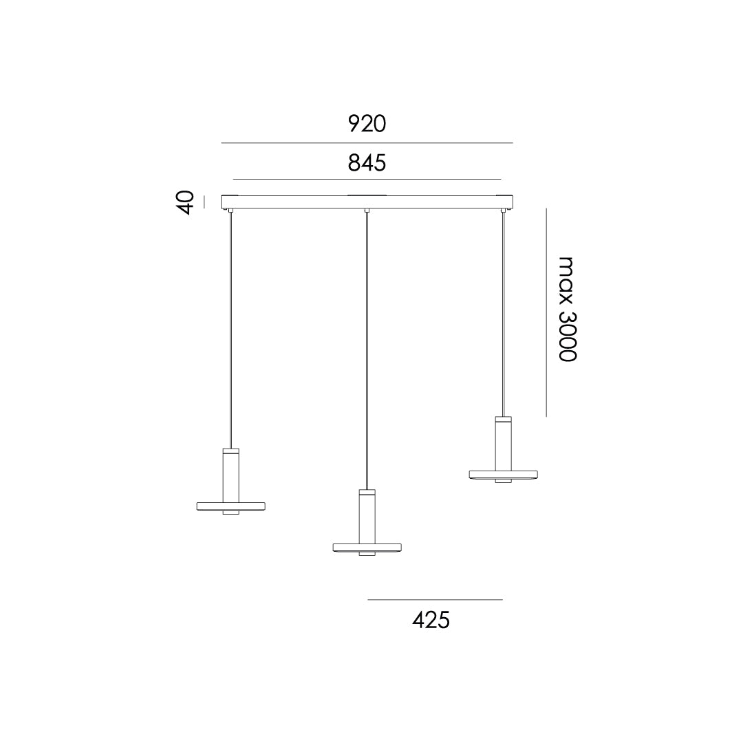 Overzicht van de maatvoering van de Tonone Beads 3 In Line plafondlamp.