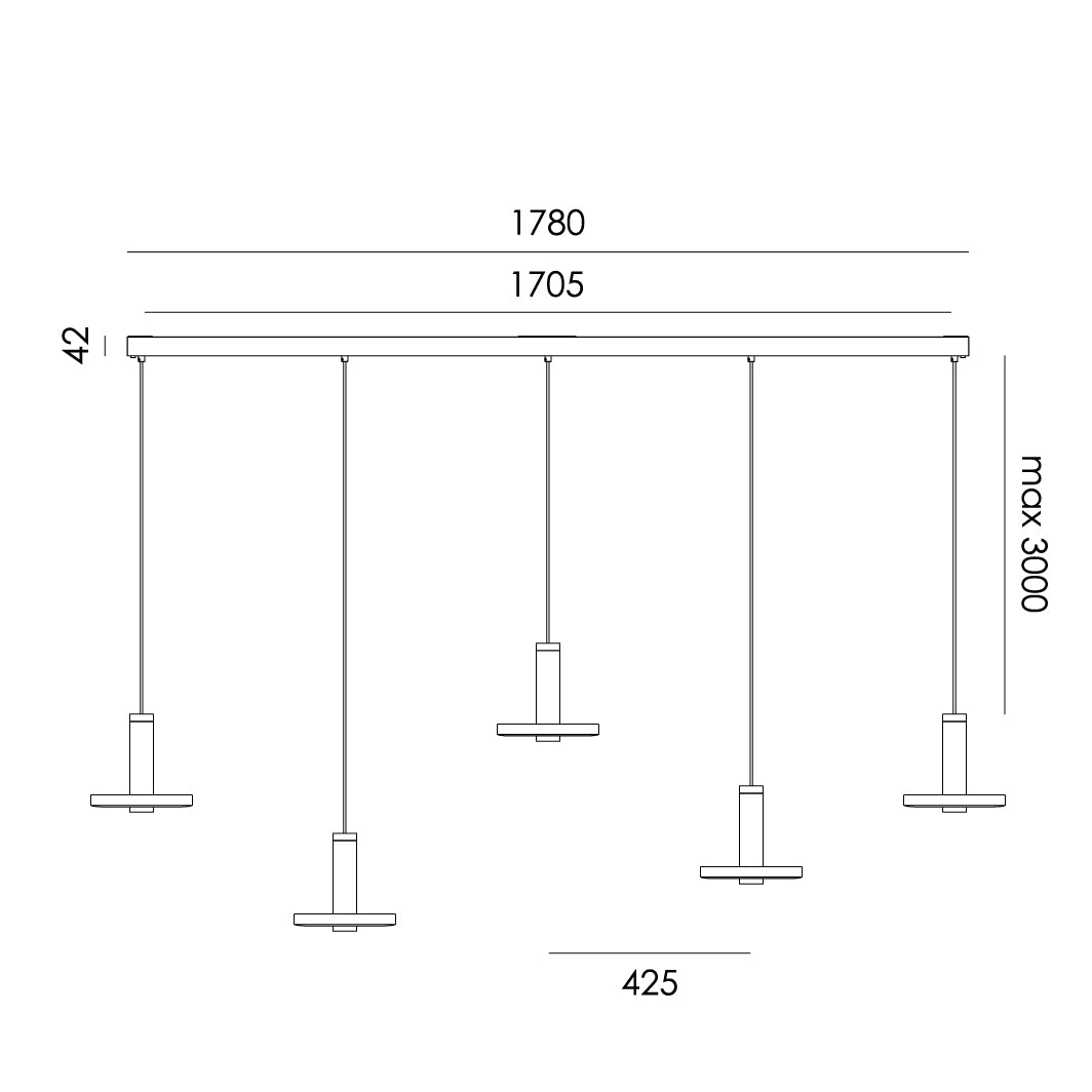 Overzicht van de maatvoering van de Tonone Beads 5 In Line plafondlamp.