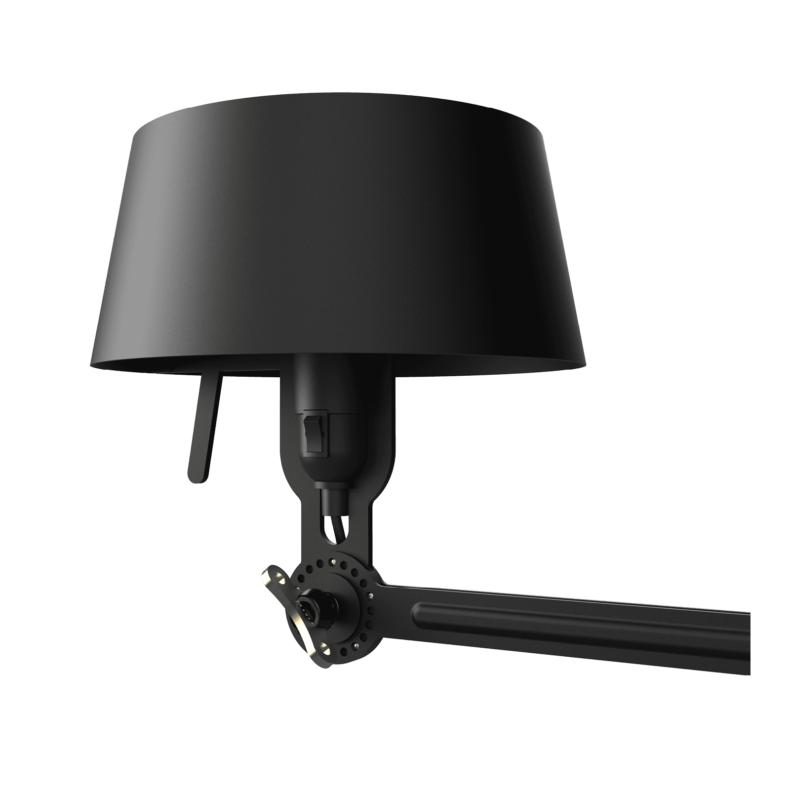 Close-up van de kap van de Tonone Bolt Bed Underfit wandlamp in de kleur smokey black.