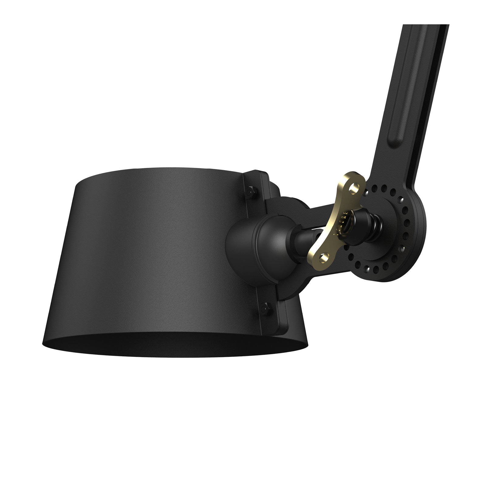 Close-up van de kap van de Tonone Bolt Ceiling 1 arm Sidefit plafondlamp in de kleur smokey black.