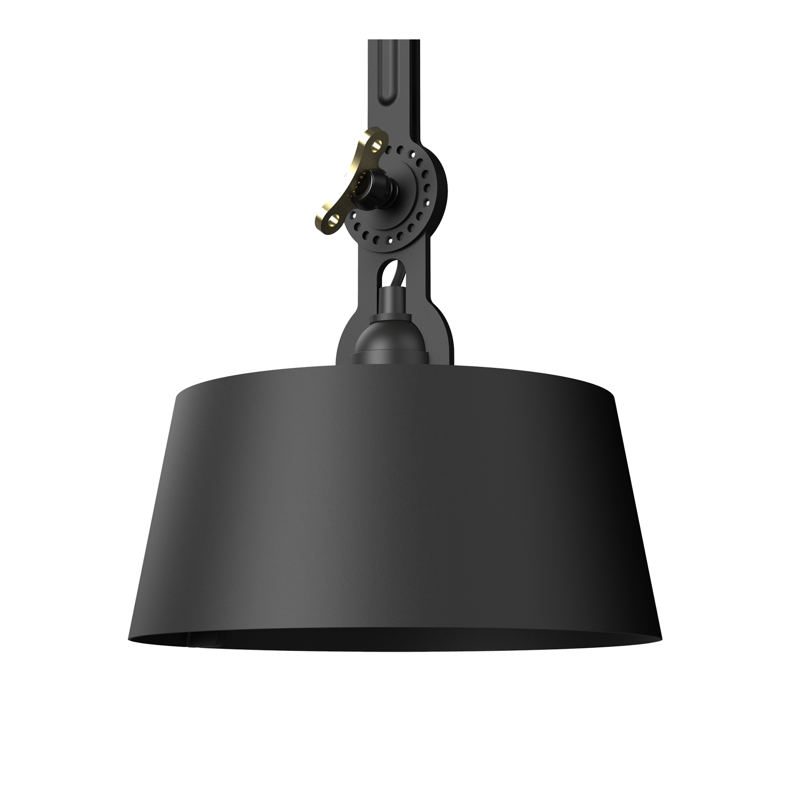 Close-up van de kap van de Tonone Bolt Ceiling 1 arm Underfit plafondlamp in smokey black.