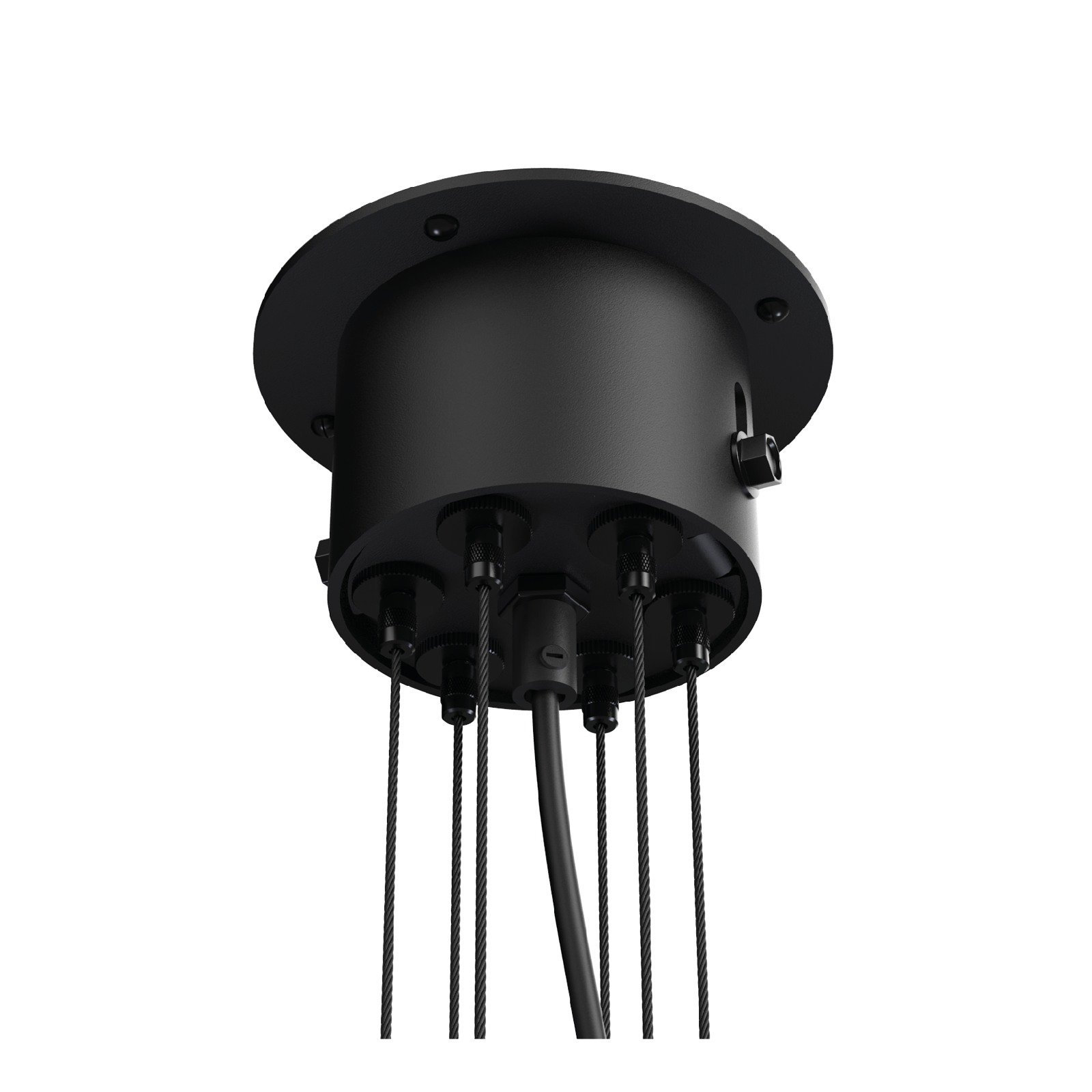 Close-up van de bevestiging van de Tonone Bolt Chandelier 18 arm hanglamp in de kleur smokey black.