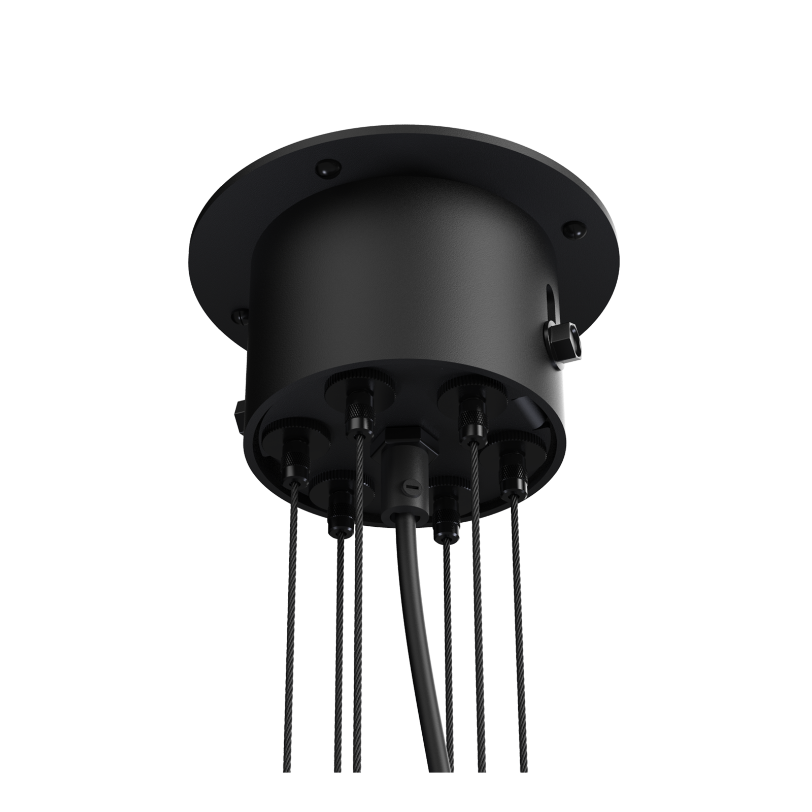 Close-up van de bevestiging van de Tonone Bolt Chandelier 6 arm hanglamp in de kleur smokey black.