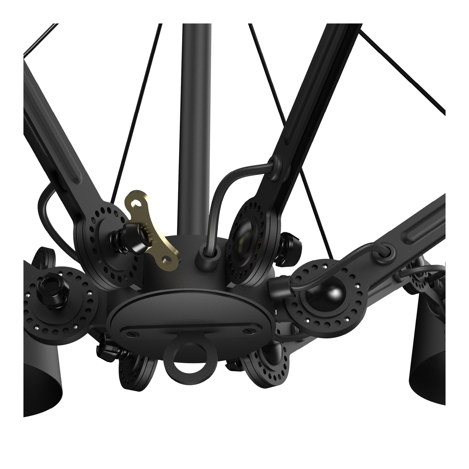 Close-up van het middenstuk van de Tonone Bolt Chandelier 6 arm hanglamp in de kleur smokey black.