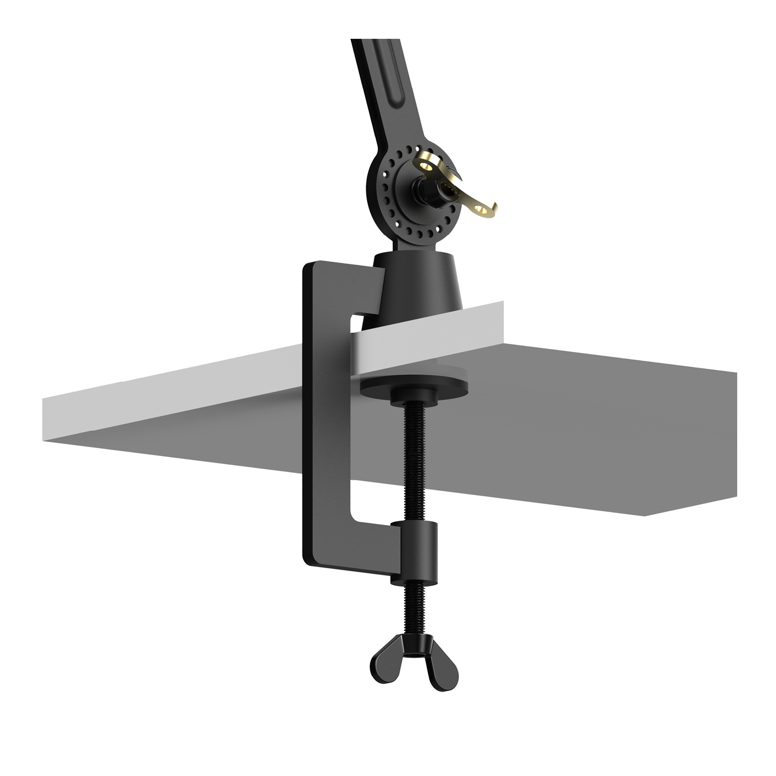 Close-up van de bevestiging van de Tonone Bolt Desk 1 arm clamp small bureaulamp in de kleur smokey black.