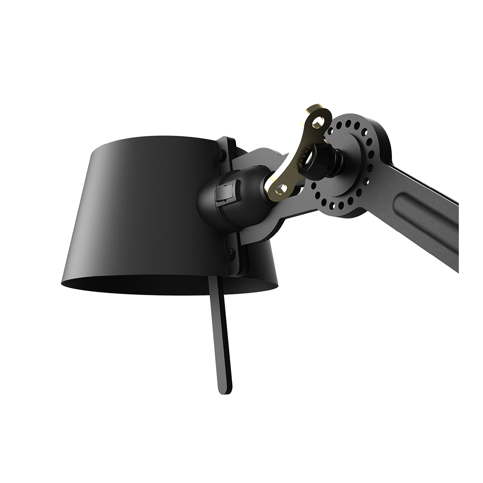 Close-up van de kap van de Tonone Bolt Floor 1 arm vloerlamp in de kleur smokey black.