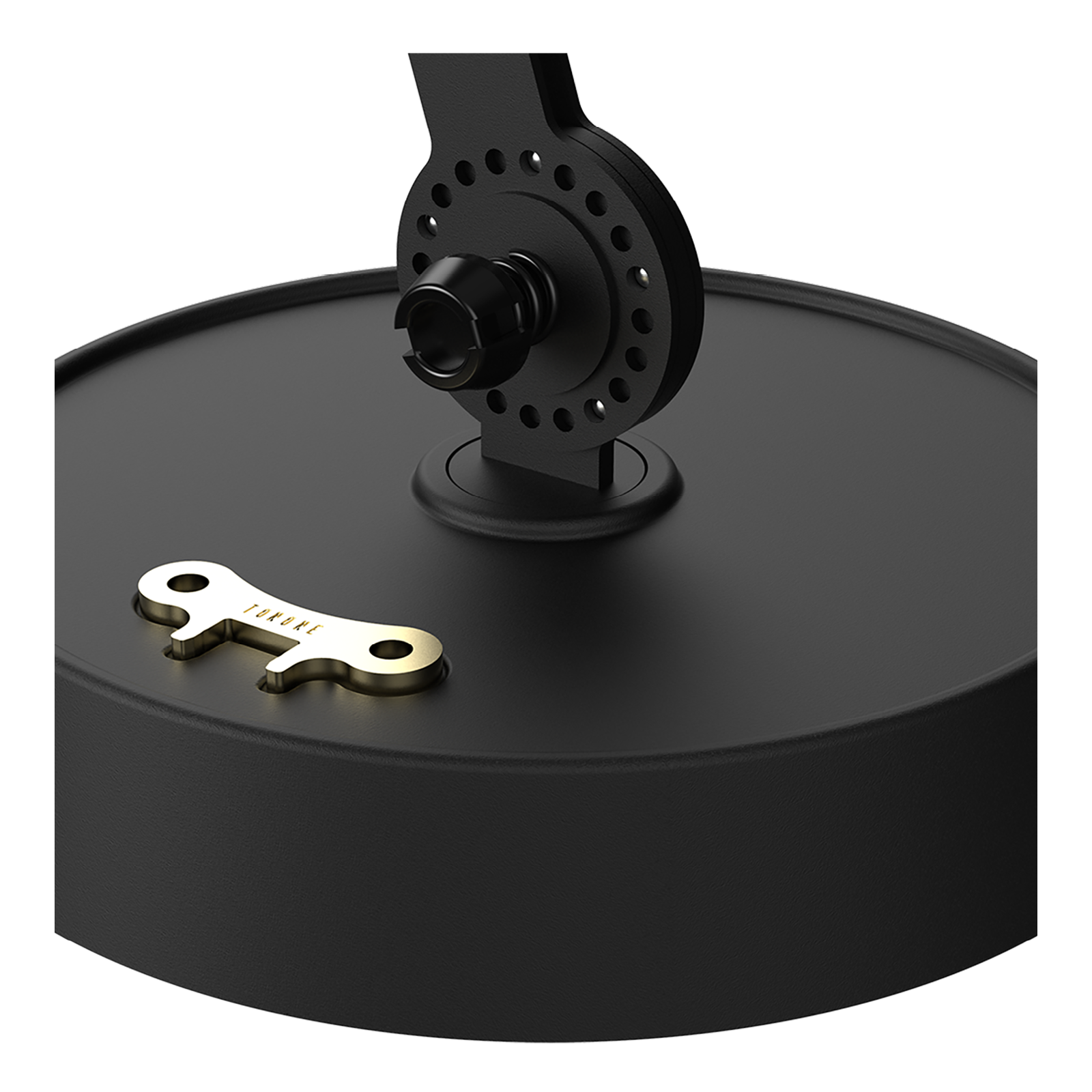 Close-up van de voet van de Tonone Bolt Table Small tafellamp in de kleur smokey black.