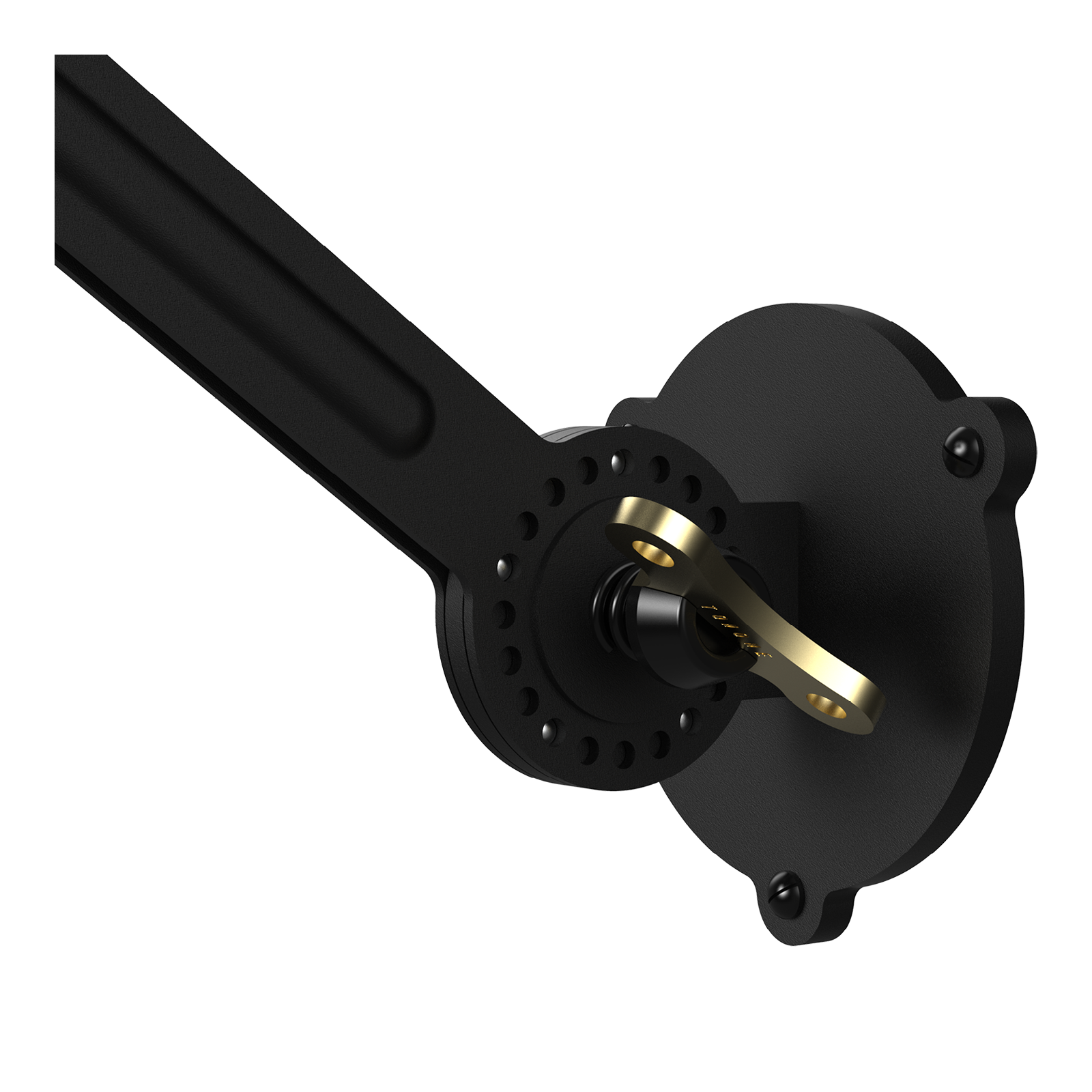 Close-up van de bevestiging van de Tonone Bolt Wall Sidefit wandlamp in de kleur smokey black.