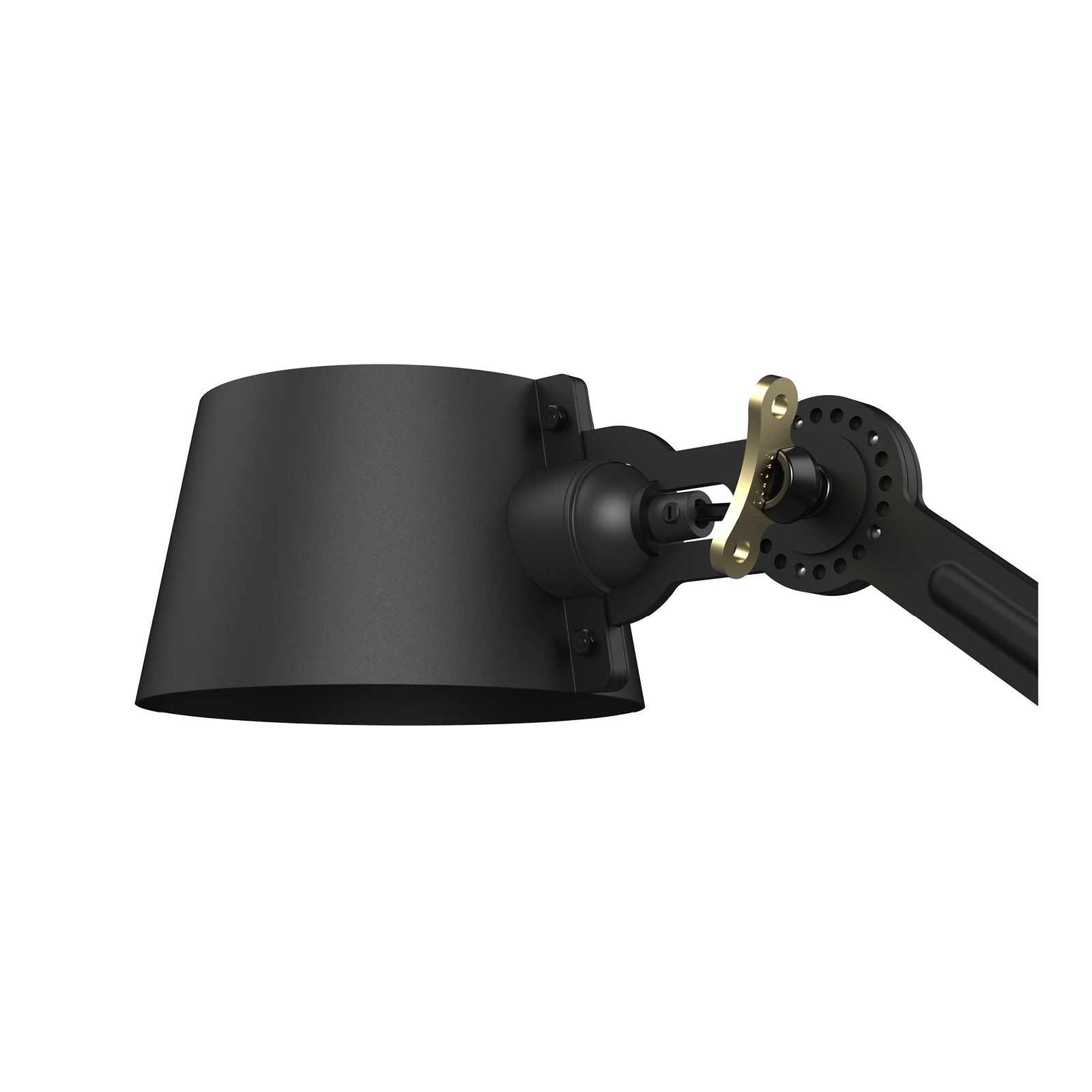 Close-up van de kap van de Tonone Bolt Wall Sidefit wandlamp in de kleur smokey black.