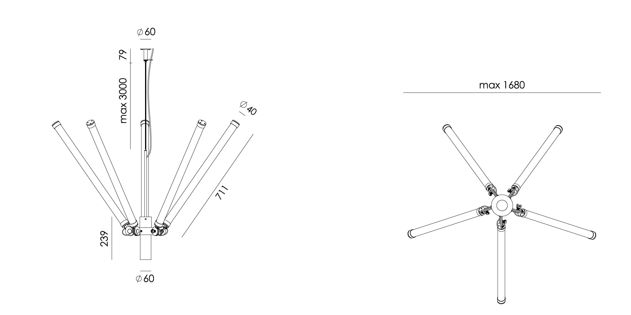 Overzicht van de maatvoering van de Tonone Mr. Tubes LED Chandelier hanglamp.