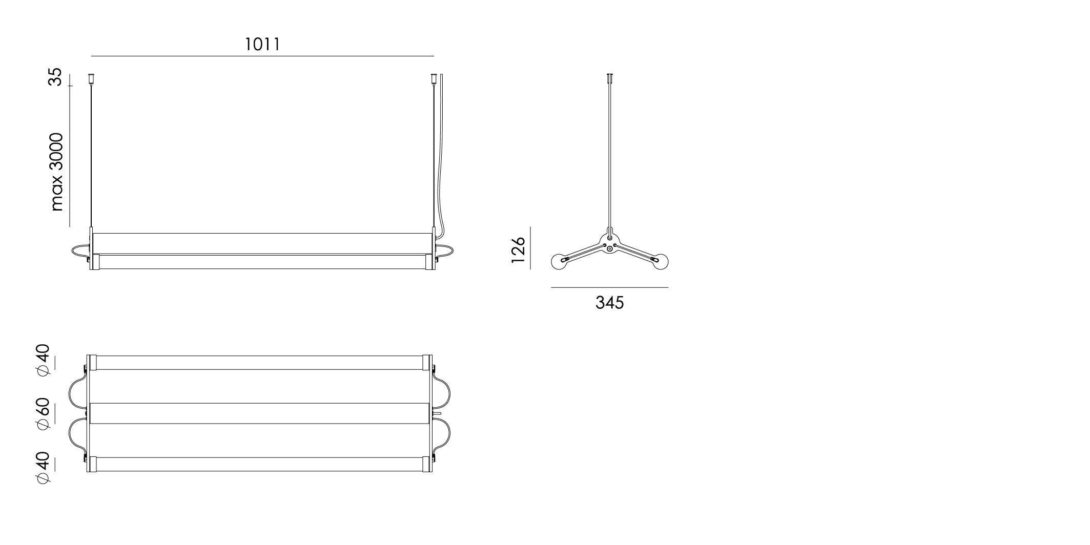 Overzicht van de maatvoering van de Tonone Mr. Tubes LED Double hanglamp.