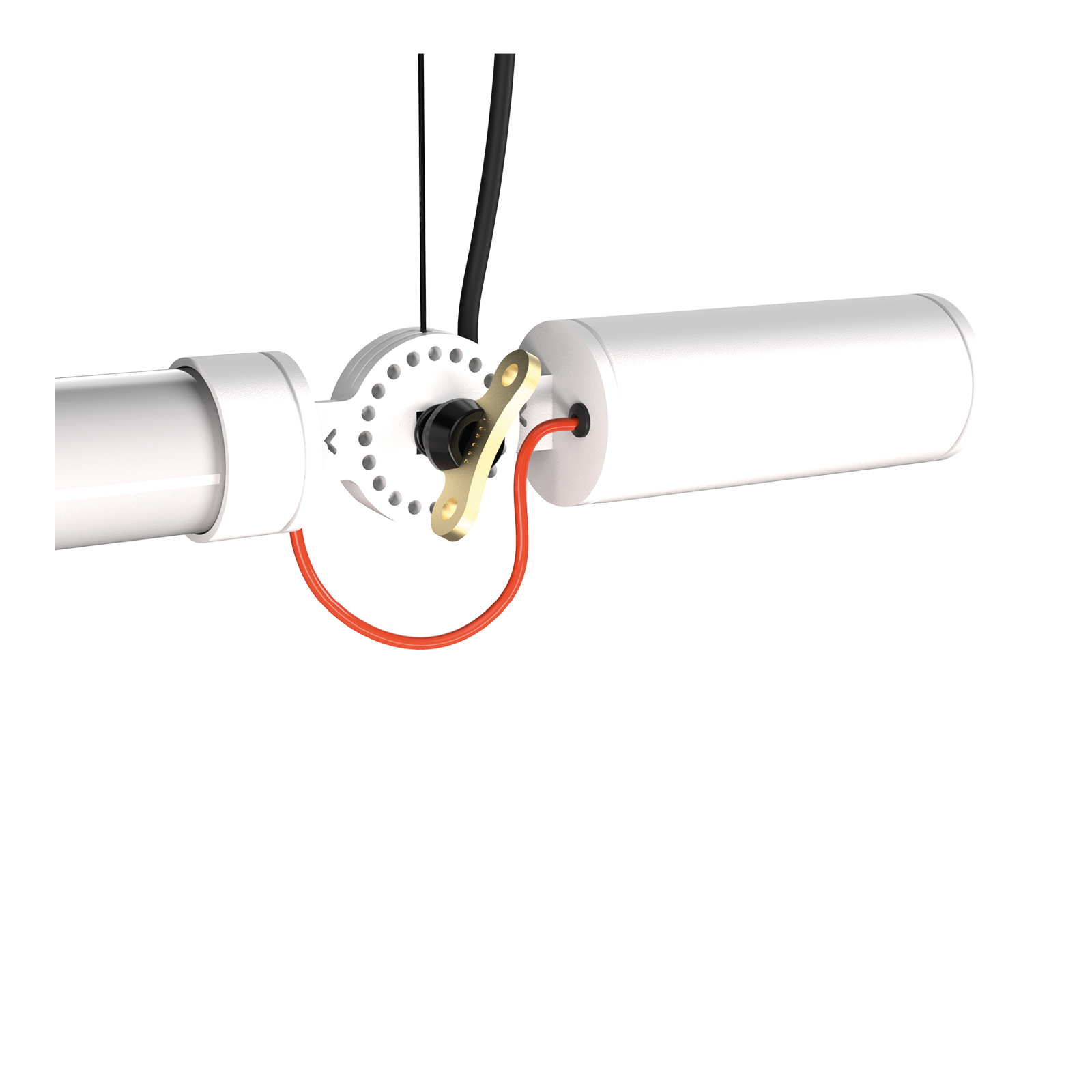 Close-up van de aansluiting van de Tonone Mr. Tubes LED Pendant Horizontal hanglamp met driver op constructie in de kleur pure white.