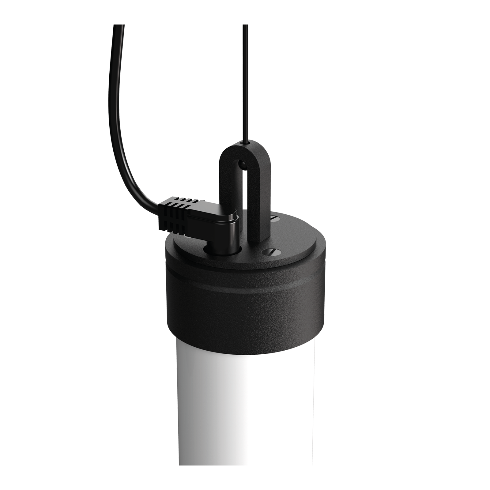 Close-up van de aansluiting van de Tonone Mr. Tubes LED Pendant Vertical hanglamp 700 mm in de kleur smokey black.