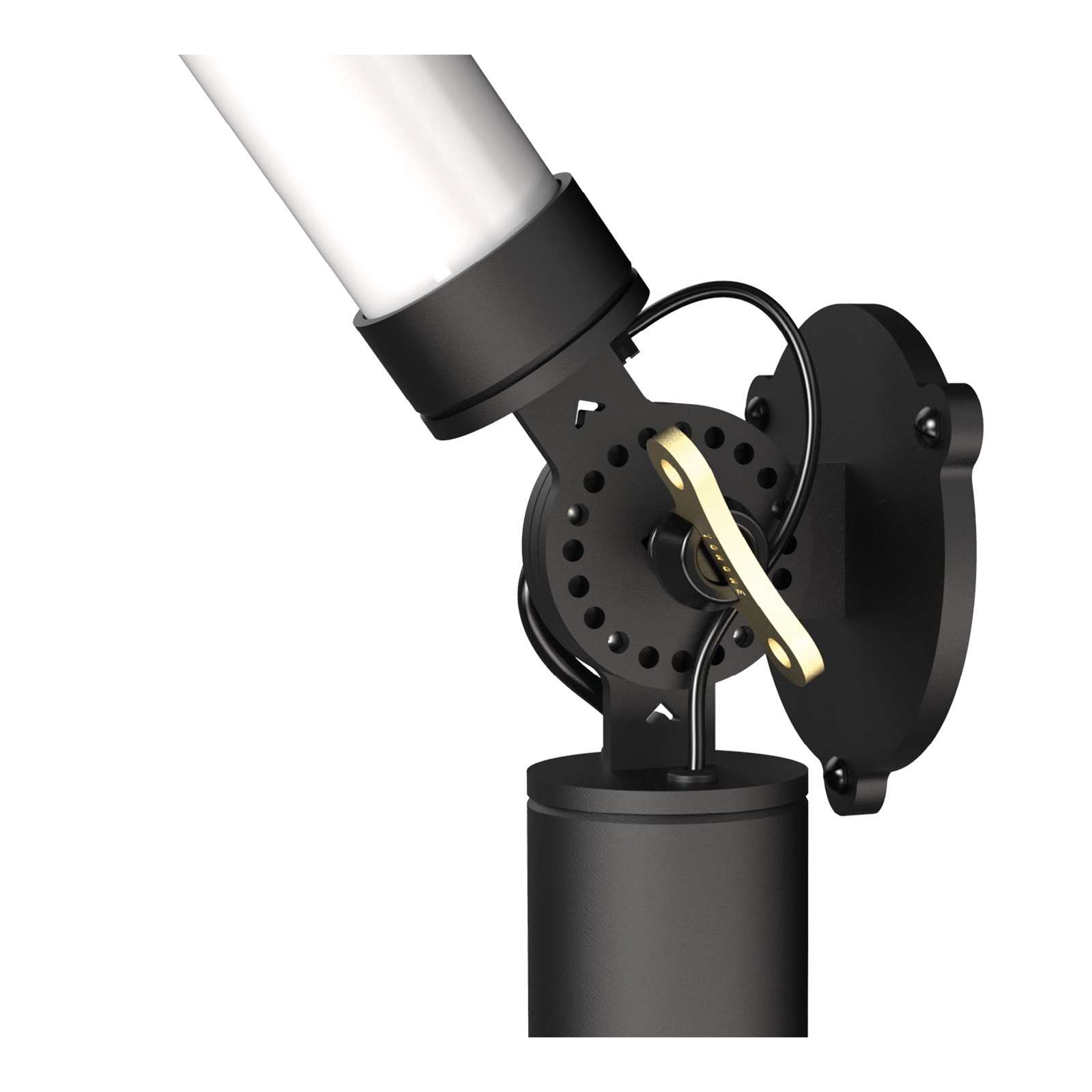 Close-up van de Tonone Mr. Tubes LED Wall wandlamp - driver op constructie in de kleur smokey black.