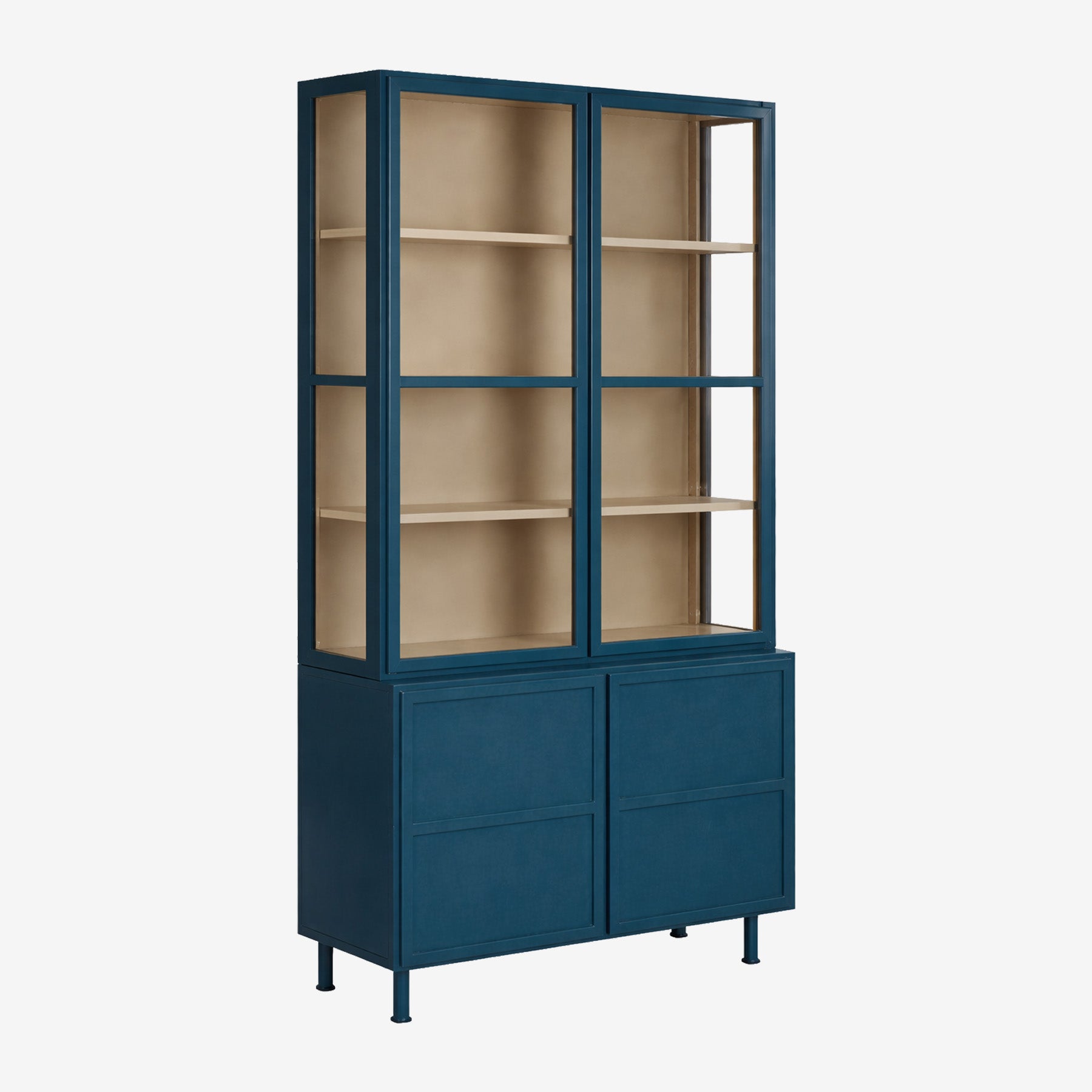 New Routz vitrinekast Langley in de kleur diepblauw, zij aanzicht