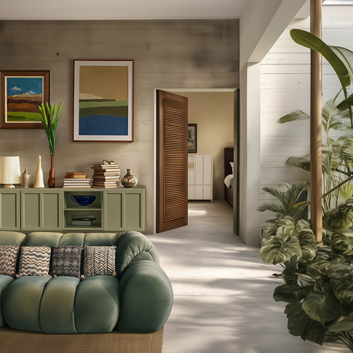 New Routz tv-dressoir Calgary in de kleur olijfgroen in een woonkamer