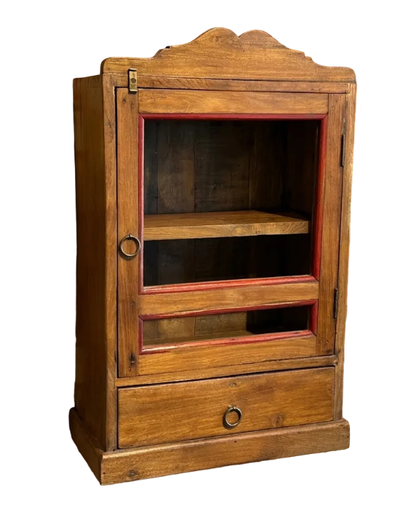 Teakhouten hangkastje met glas en lade