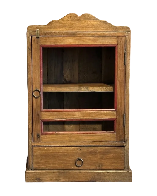 Teakhouten hangkastje met glas en lade