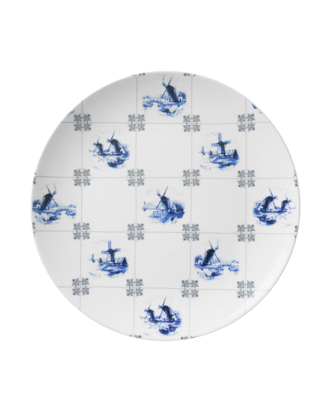 Heinen Delfts Blauw bord molen en tegels