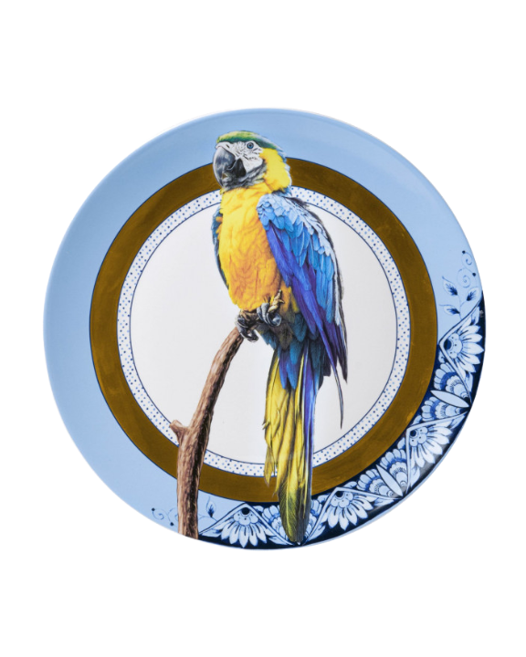 Heinen Delfts Blauw wandbord mandala papegaai