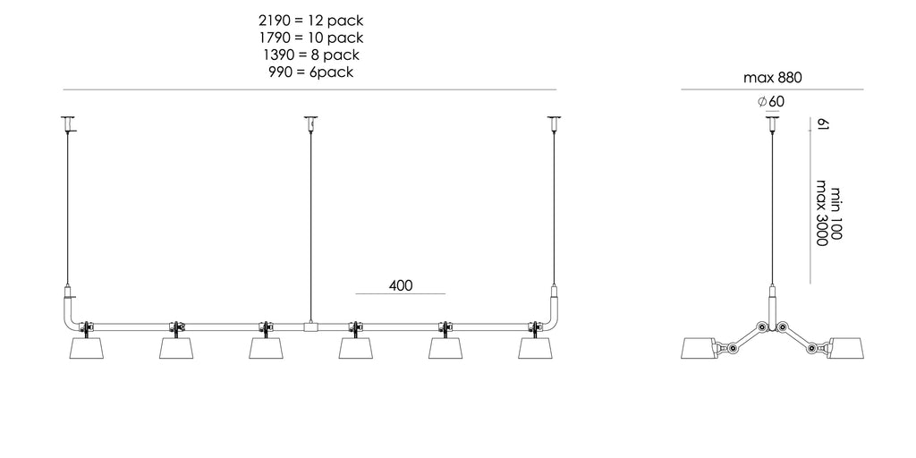 Overzicht van de maatvoering van de Tonone Bolt 12-Pack Pendant hanglamp.