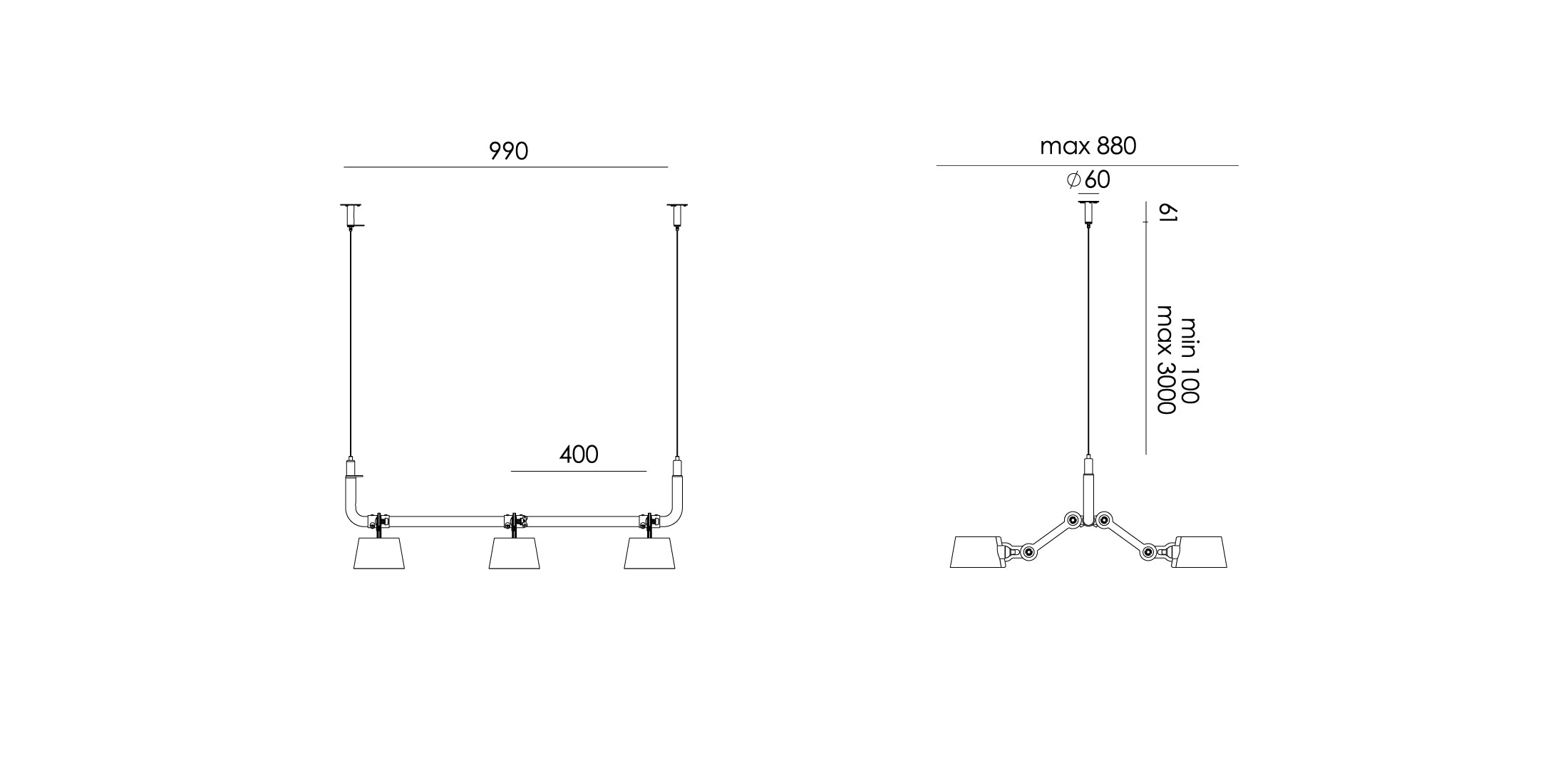 Overzicht van de maatvoering van de Tonone Bolt 6-Pack Pendant hanglamp.