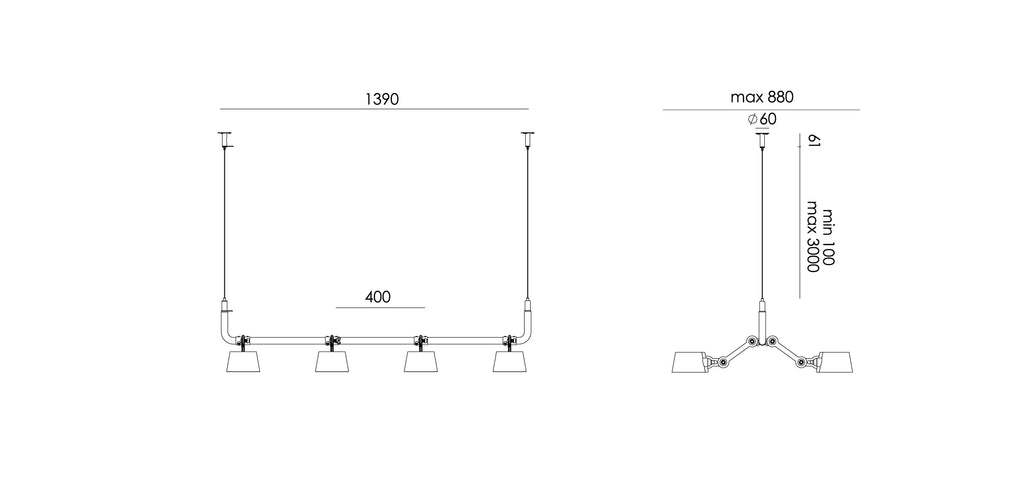 Overzicht van de maatvoering van de Tonone Bolt 8-Pack Pendant hanglamp.