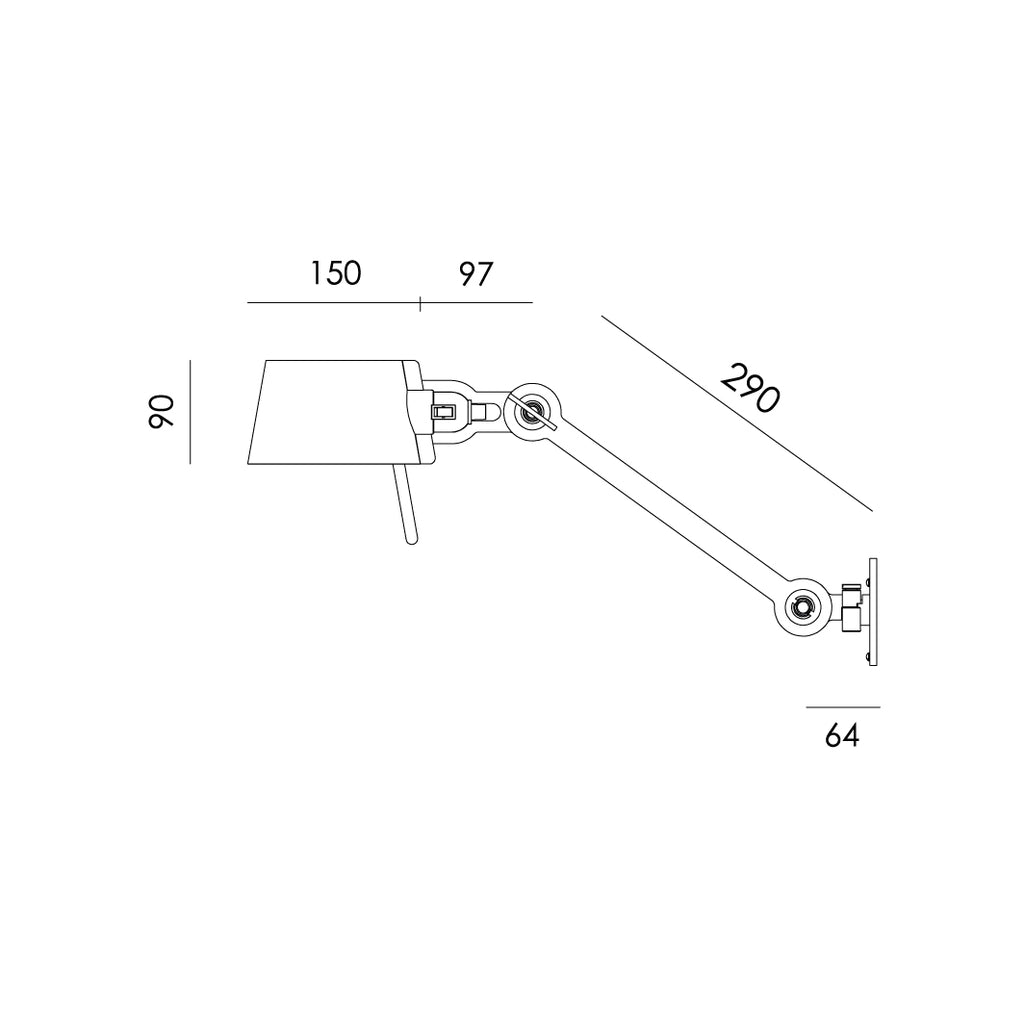 Overzicht van de maatvoering van de Tonone Bolt Bed Sidefit wandlamp.