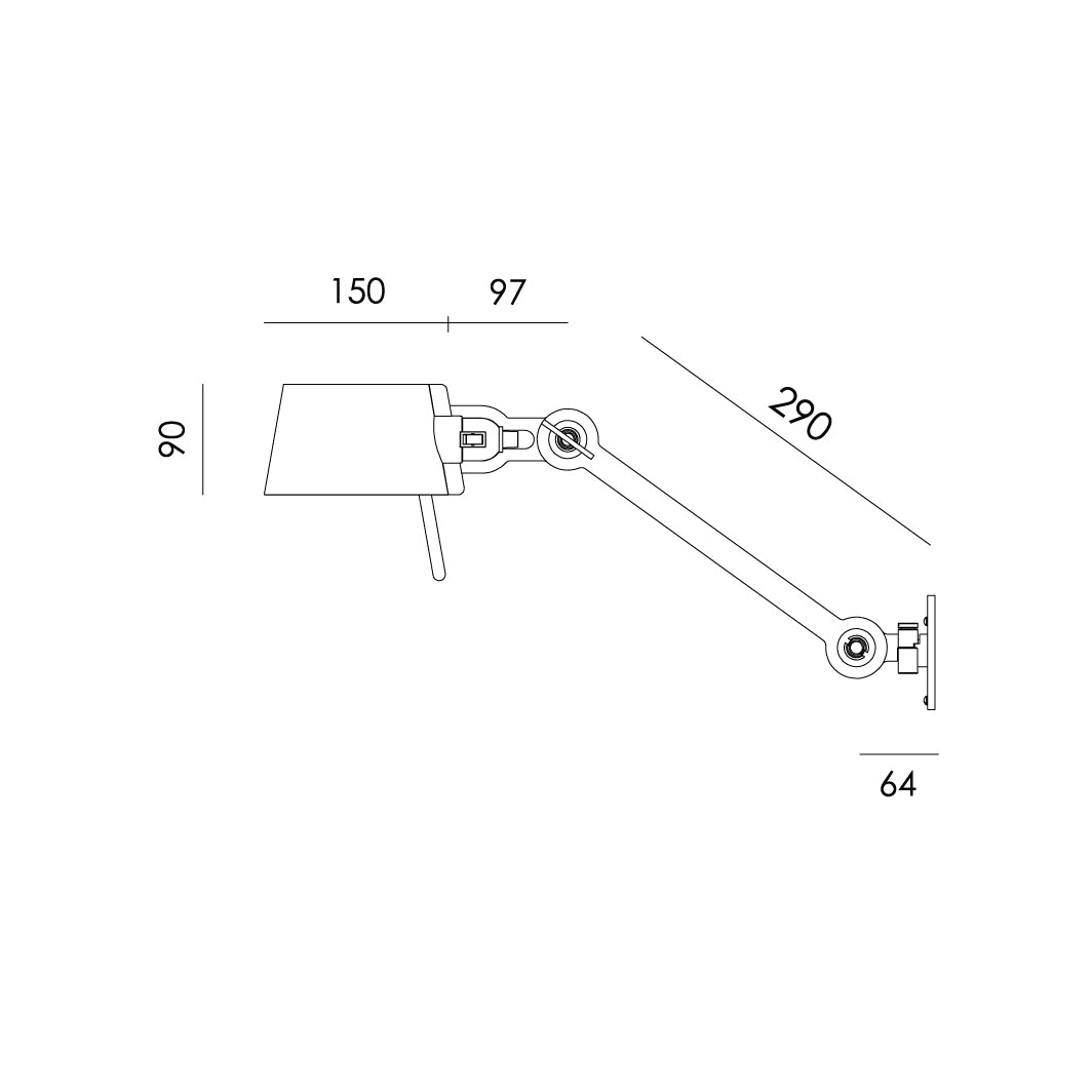 Overzicht van de maatvoering van de Tonone Bolt Bed Sidefit wandlamp.