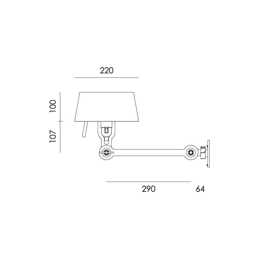 Overzicht van de maatvoering van de Tonone Bolt Bed Underfit wandlamp.