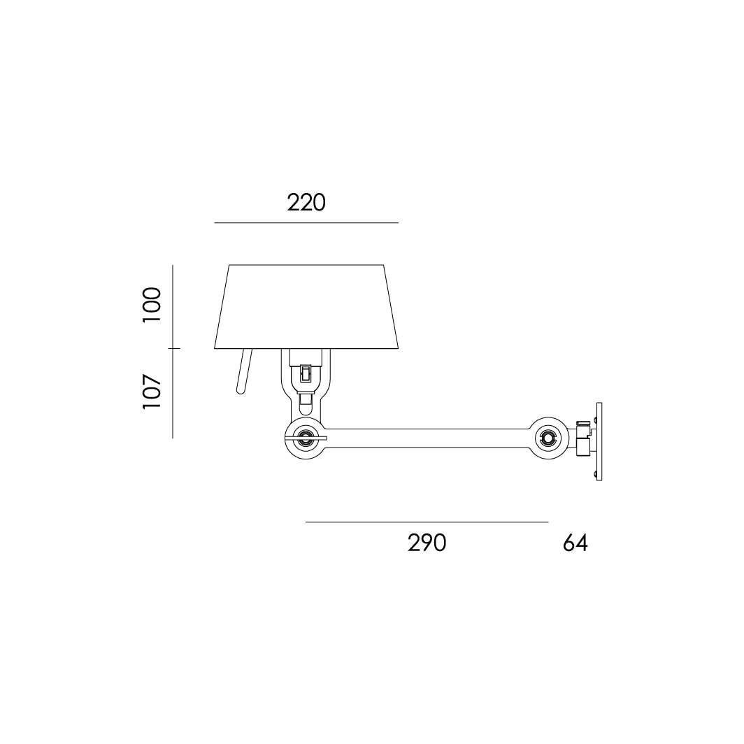Overzicht van de maatvoering van de Tonone Bolt Bed Underfit wandlamp.