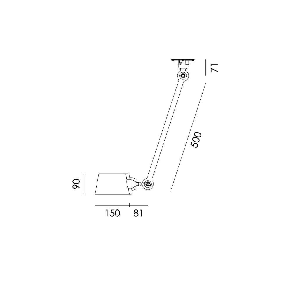 Overzicht van de maatvoering van de Tonone Bolt Ceiling 1 arm Sidefit plafondlamp.