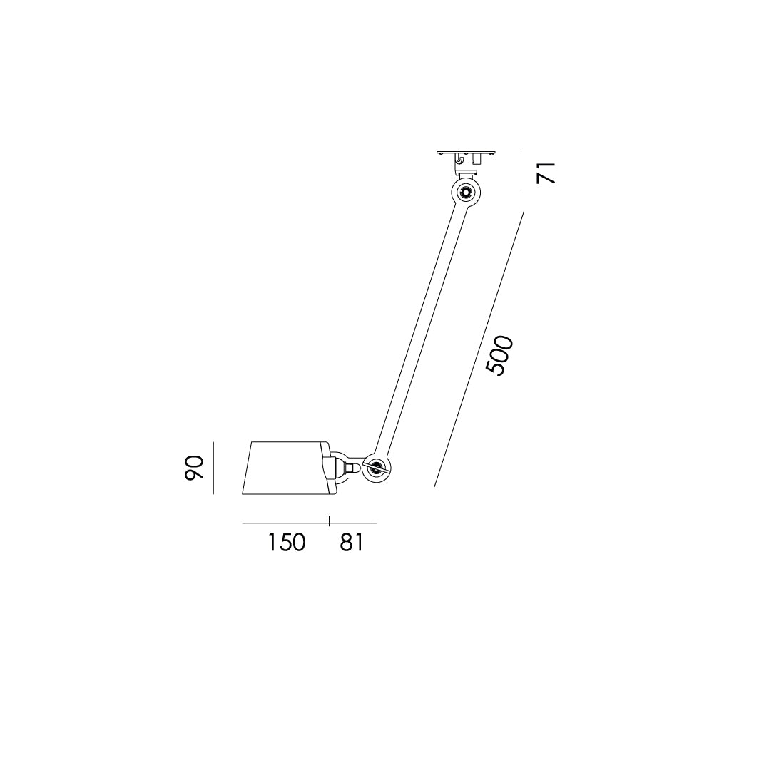 Overzicht van de maatvoering van de Tonone Bolt Ceiling 1 arm Sidefit plafondlamp.