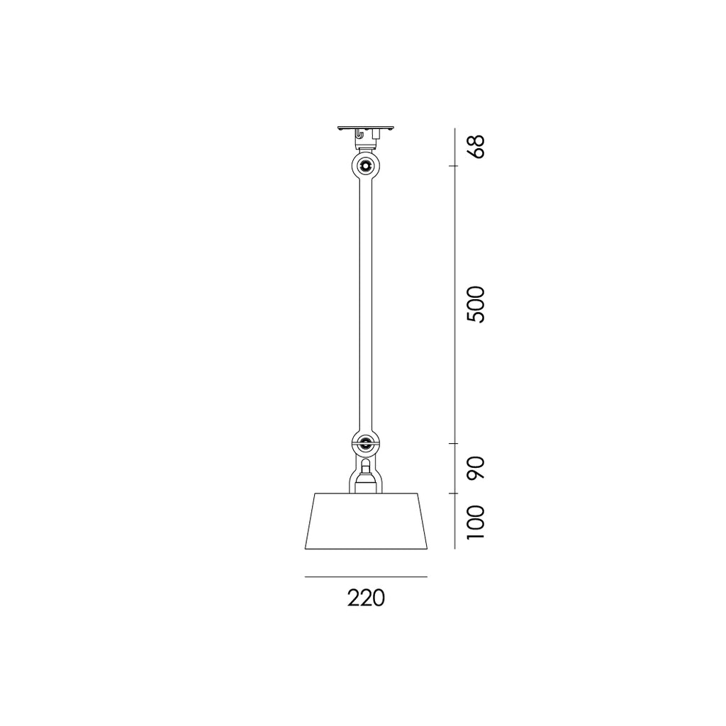Overzicht van de maatvoering van de Tonone Bolt Ceiling 1 arm Underfit plafondlamp.