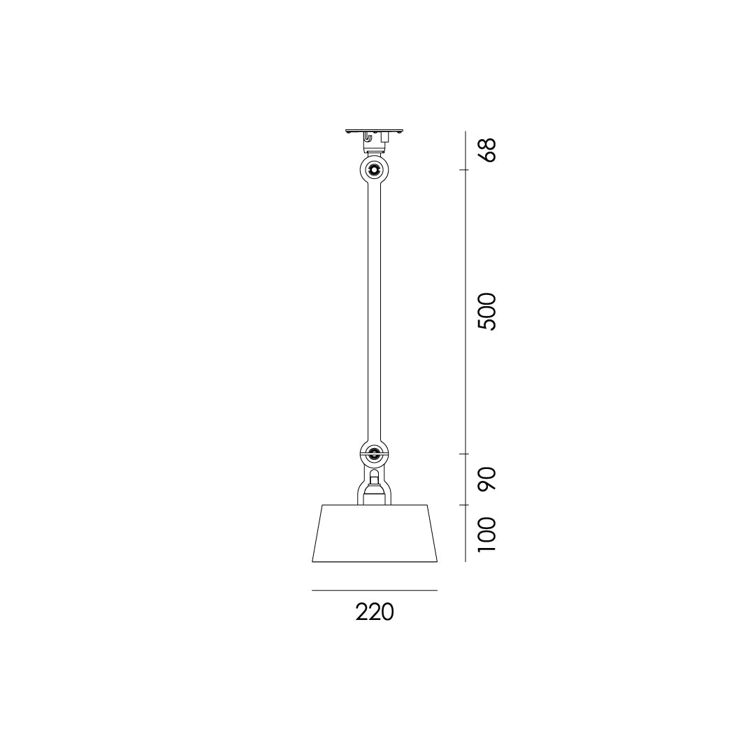 Overzicht van de maatvoering van de Tonone Bolt Ceiling 1 arm Underfit plafondlamp.