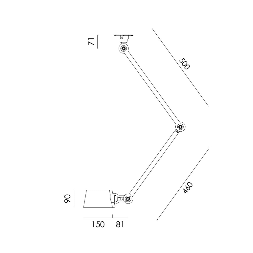 Overzicht van de maatvoering van de Tonone Bolt Ceiling 2 arm Sidefit plafondlamp.