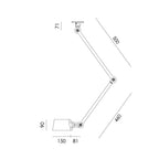 Overzicht van de maatvoering van de Tonone Bolt Ceiling 2 arm Sidefit plafondlamp.