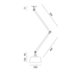 Overzicht van de maatvoering van de Tonone Bolt Ceiling 2 arm Underfit plafondlamp.