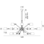 Overzicht van de maatvoering van de Tonone Bolt Chandelier 18 arm hanglamp.