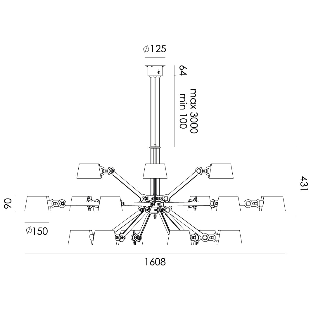 Overzicht van de maatvoering van de Tonone Bolt Chandelier 18 arm hanglamp.